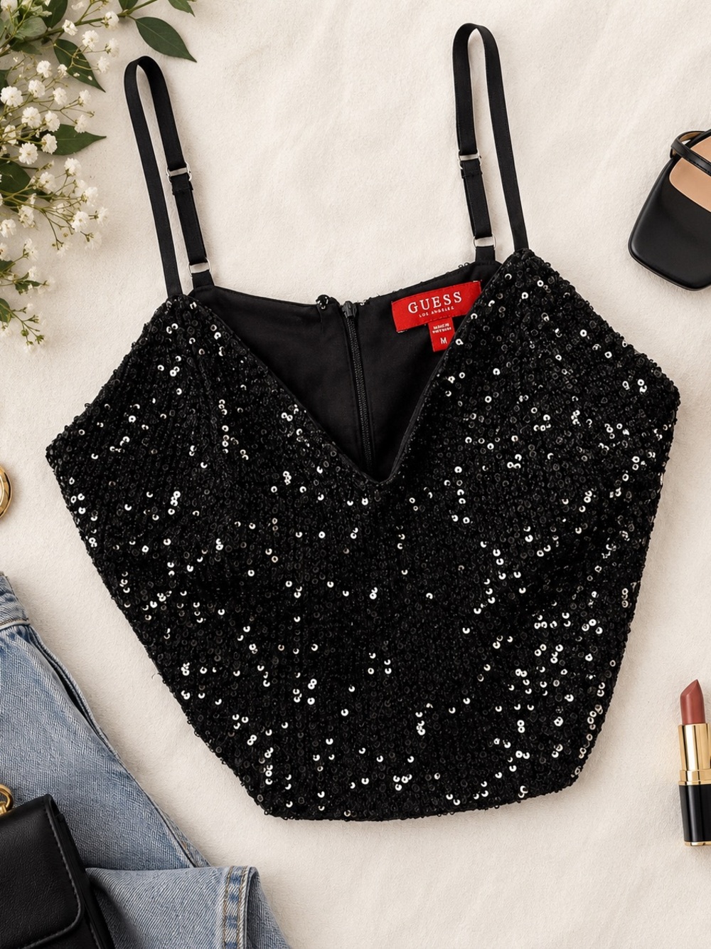 GUESS Black Sequin Bustier Corset Crop Top Adjustable Straps Party Going Out M